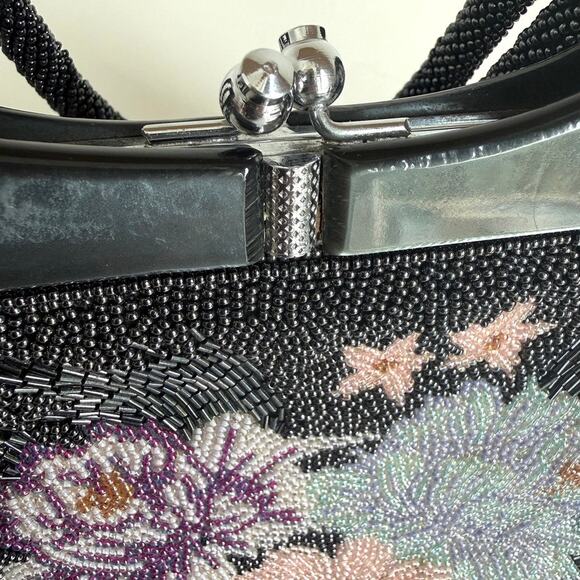 Vintage Black Floral Beaded Evening Bag Retro Glam 1950s Art Deco Collectible - Picture 3 of 8